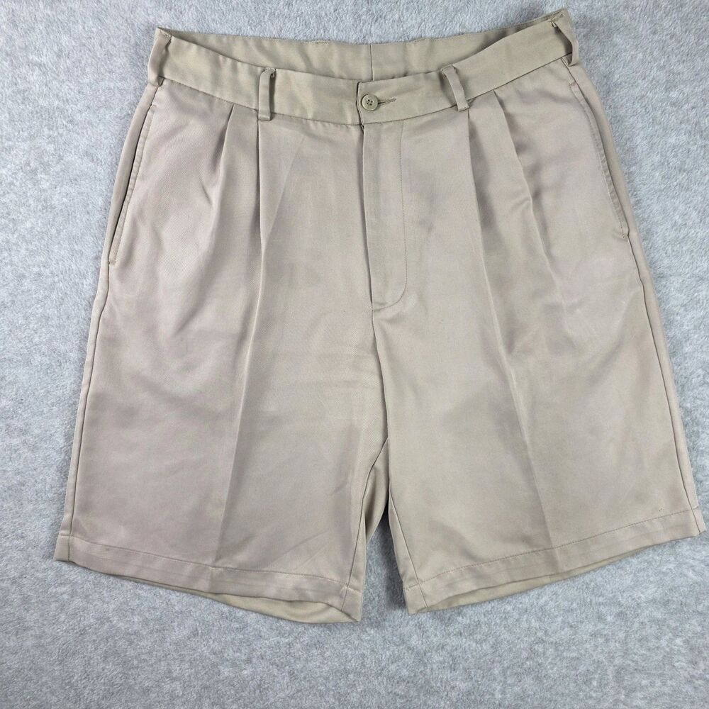 Tommy Armour Mens 32 Khaki Pleated Golf Shorts Flat Front Polyester Tan